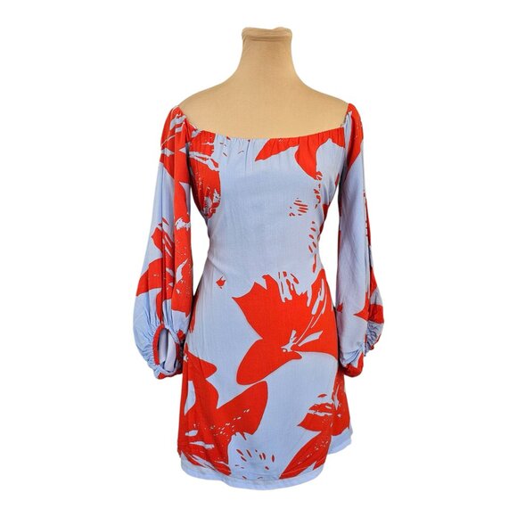 Bardot Camilla Blue Orange Floral Off-the-Shoulder Dress Sz 12 - Picture 2 of 14